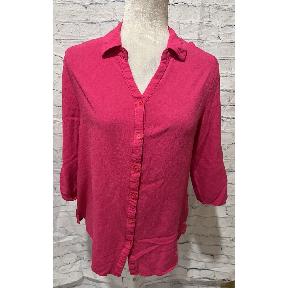 Chico’s Pink 100% Rayon Button Down Collared Shirt Roll Tab Sleeve 1 Medium 8